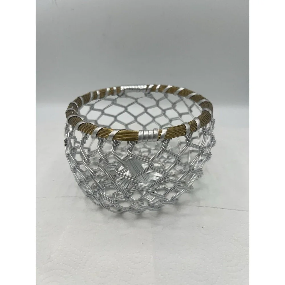 Vintage Brutalist WireBasket Woven Aluminum & Brass Mid-Century MCM Bowl 6.5